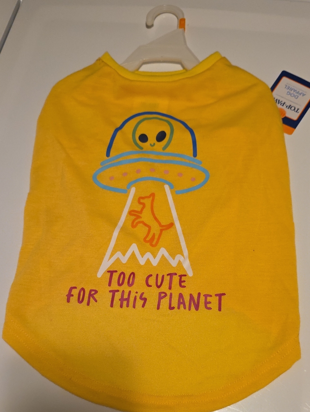 Top Paw Yellow Alien Graphic "Too Cute For This Planet" Dog Tee Size Medium Nwt